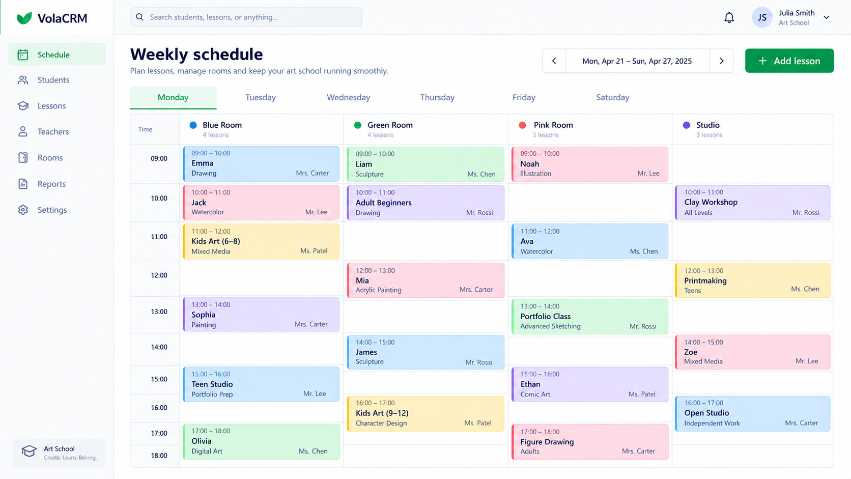 Art School Planner recurring weekly schedule with colorful lessons arranged by weekday