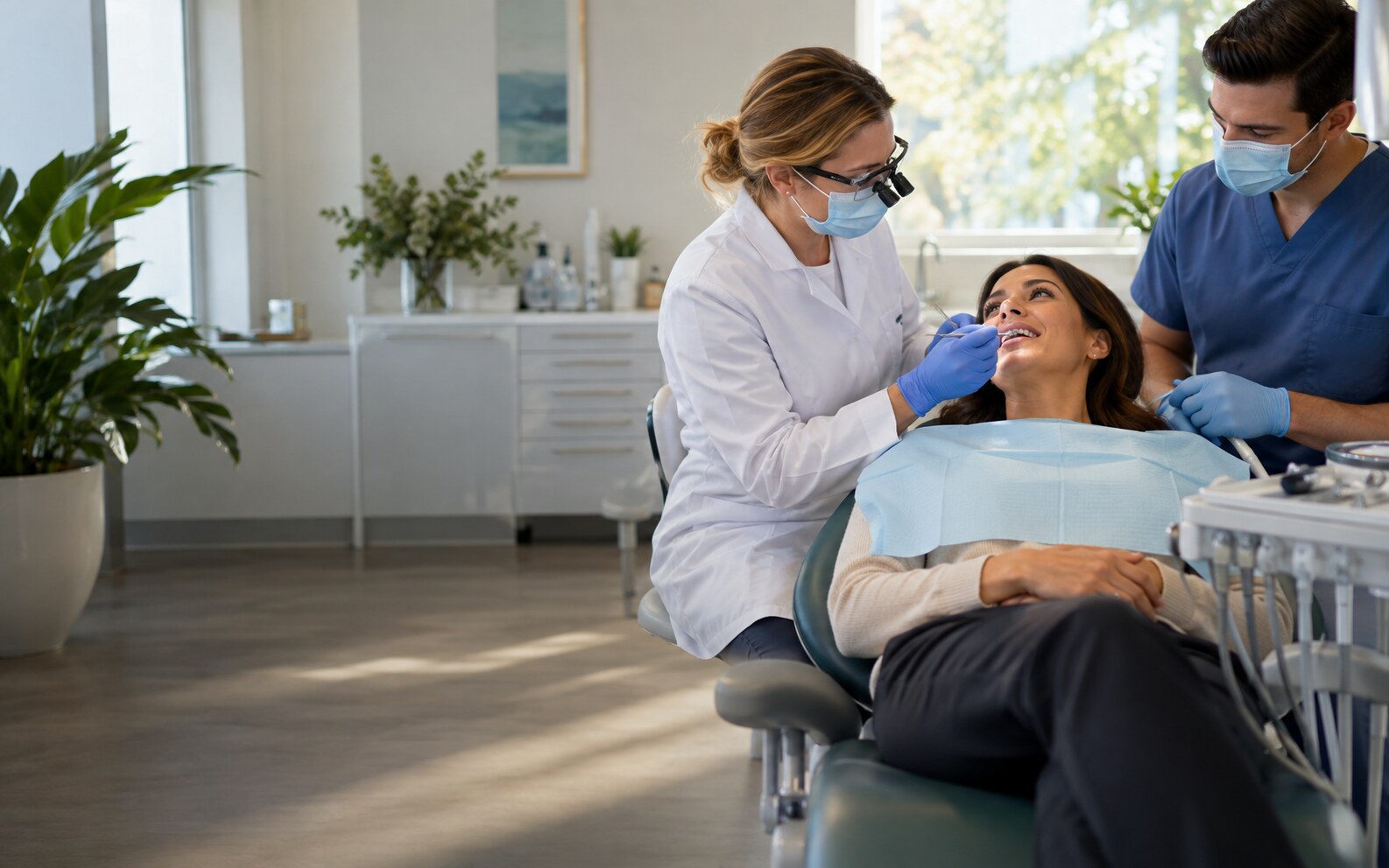 Dental professional meeting a patient in a modern clinic
