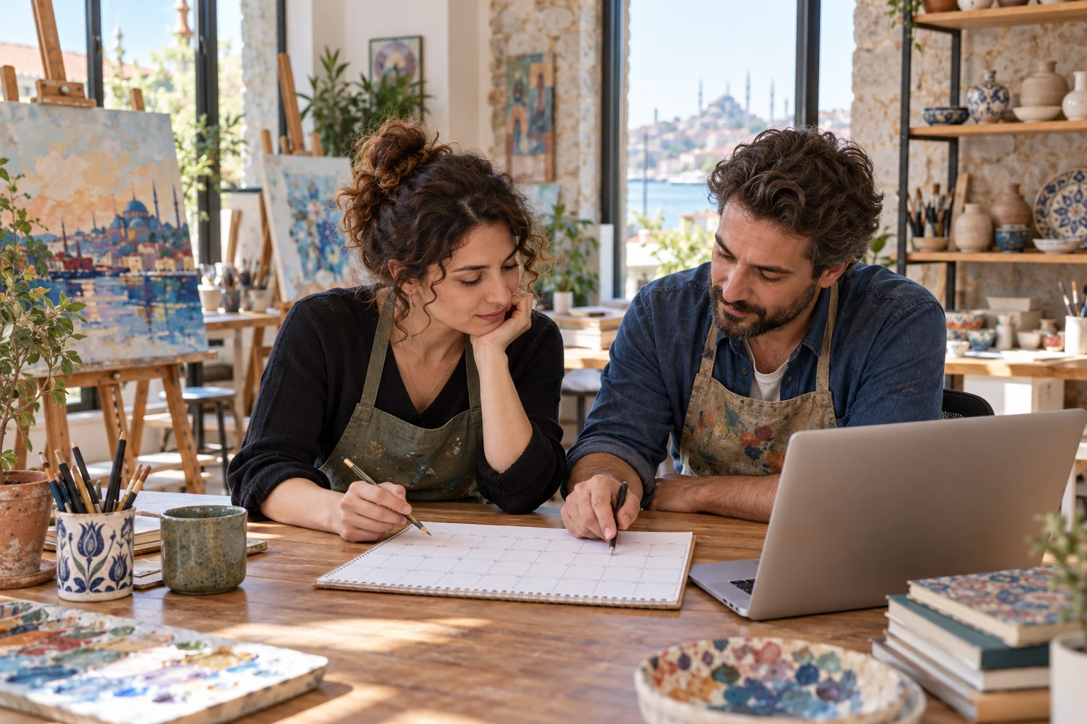 Art instructors planning recurring classes in a bright painting and ceramics studio