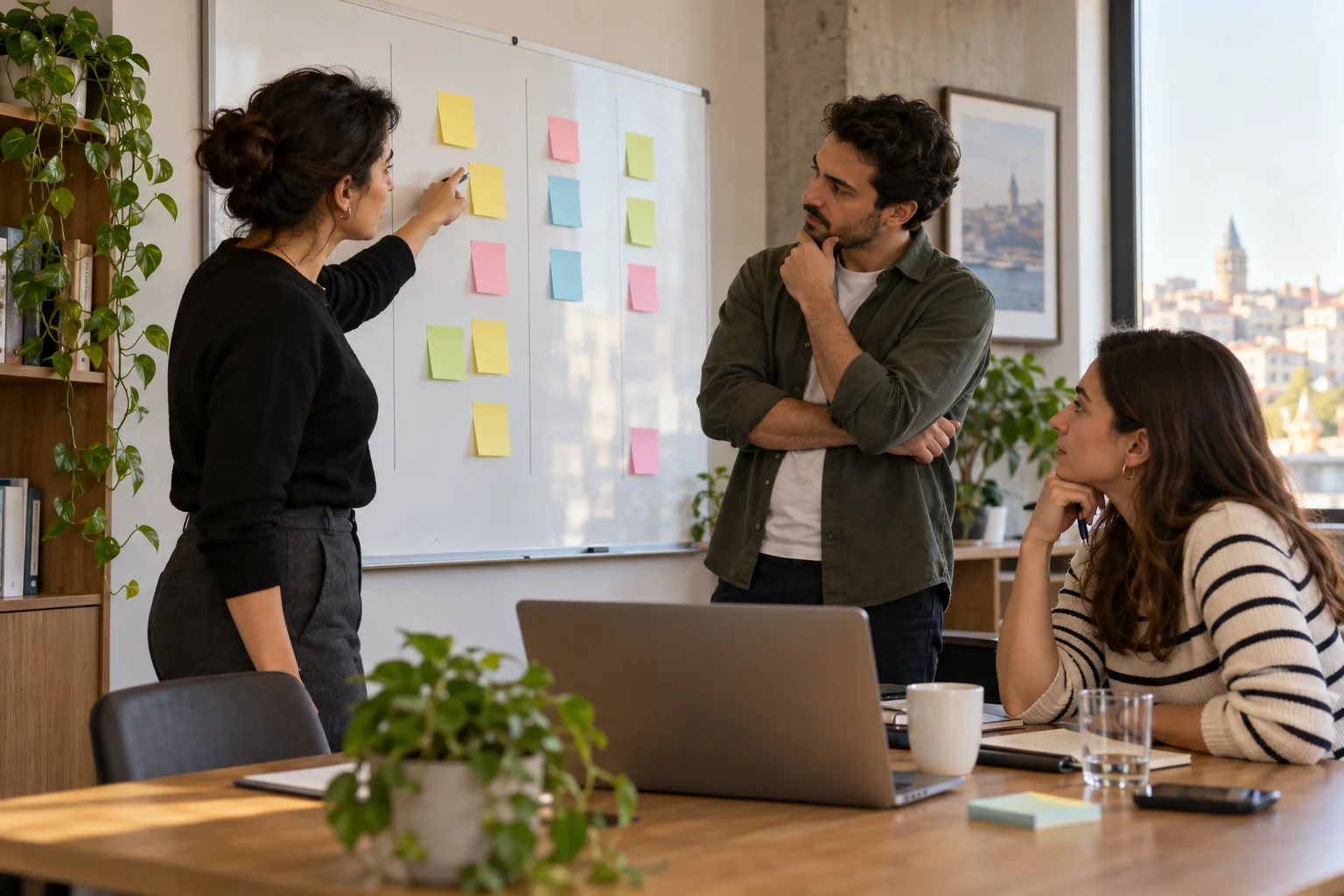 Small sales team discussing a visual board of colored notes in a modest office